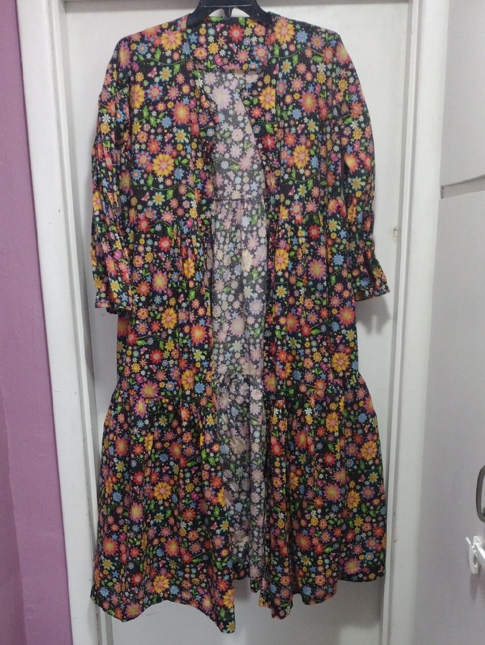 Bohemian Flower Power Floral Print Open Front Women’s Duster Jacket Black Multi